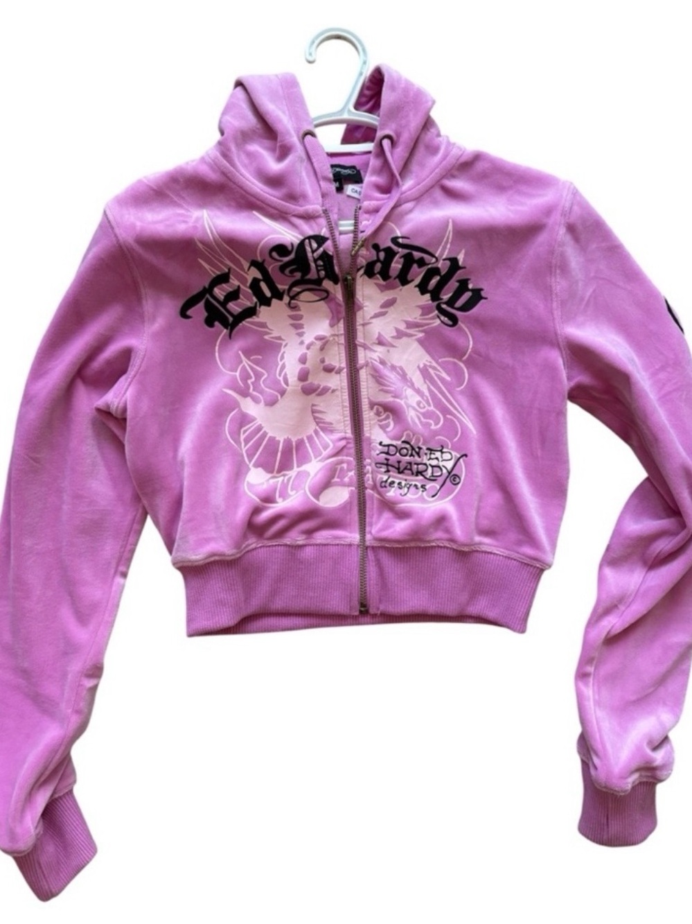 Ed Hardy Pink Velvet Zip Front Hoodie